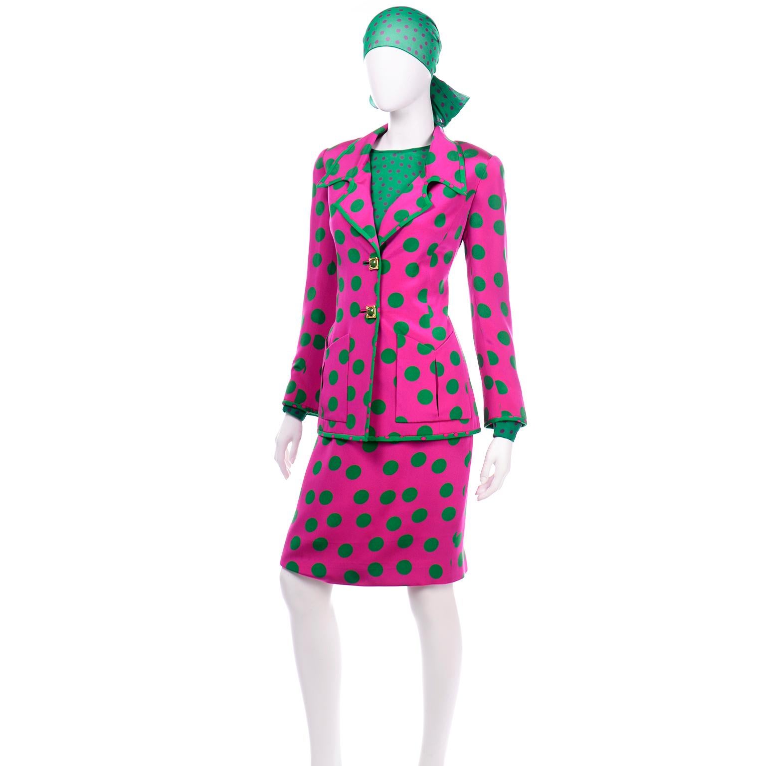 Women's David Hayes Vintage Silk Pink & Green Polka Dot Skirt Jacket & Blouse Suit $1670