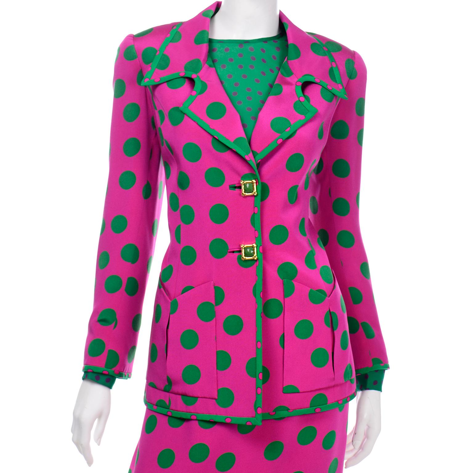 David Hayes Vintage Silk Pink & Green Polka Dot Skirt Jacket & Blouse Suit $1670 1