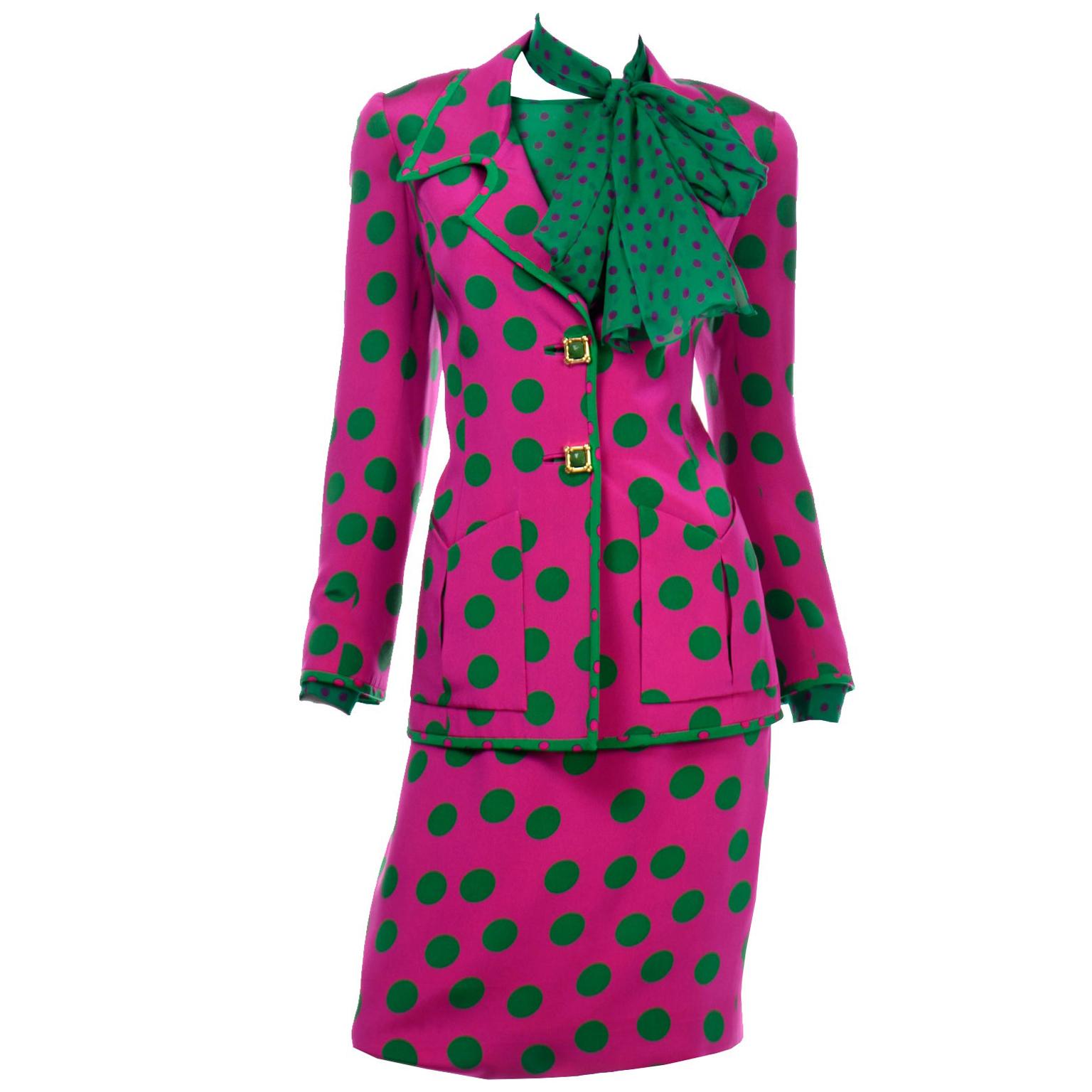 David Hayes Vintage Silk Pink & Green Polka Dot Skirt Jacket & Blouse Suit $1670