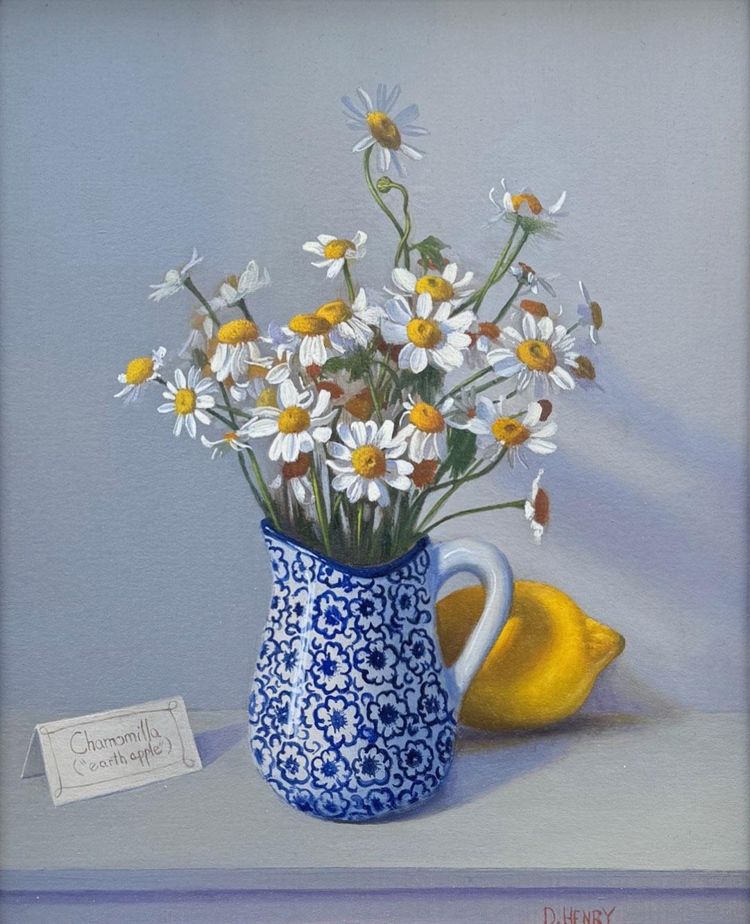 David Henry Still-Life Painting - Chamomile in Blue and White Pitcher with Lemon
