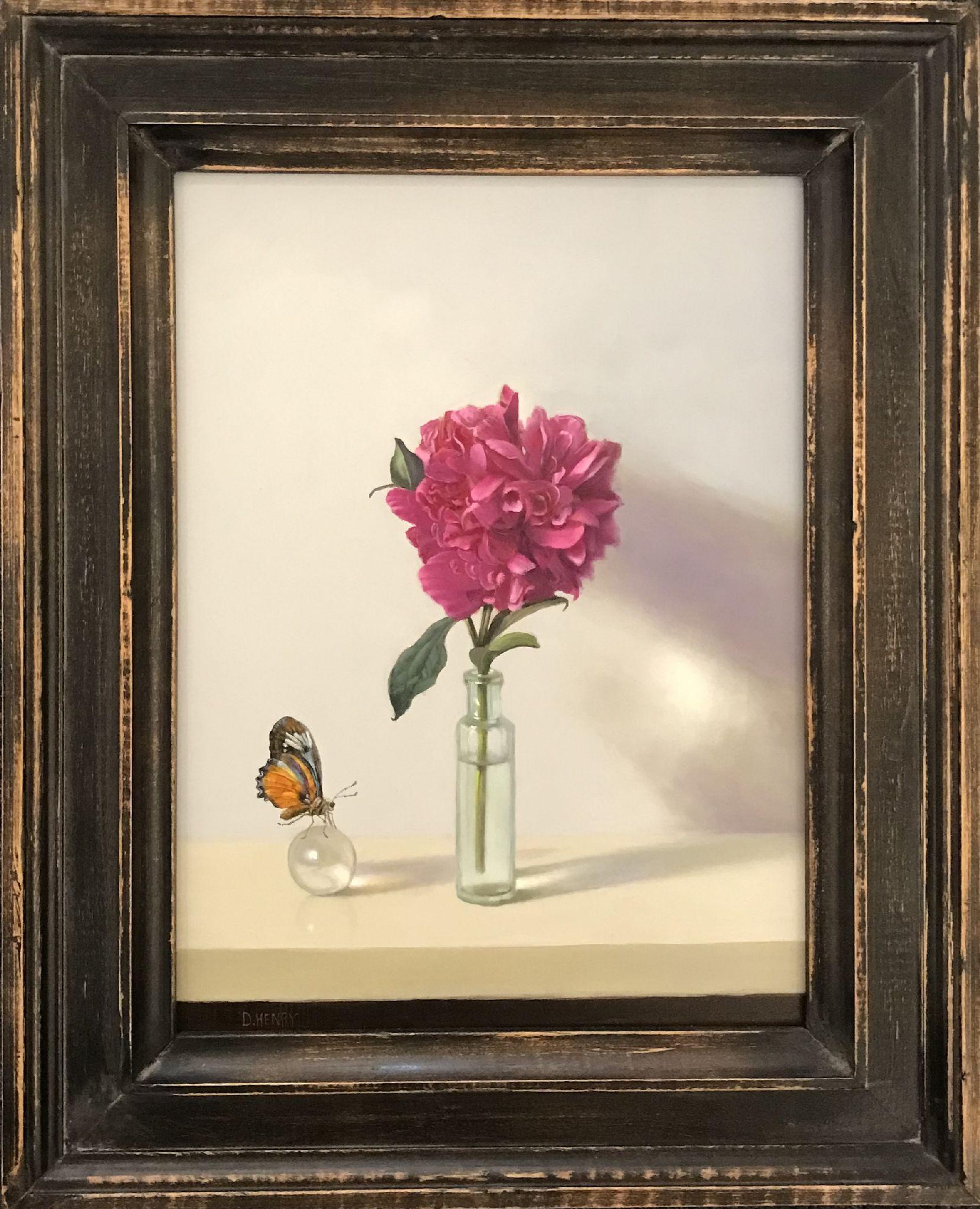 Peonía magenta con mariposa - Painting de David Henry
