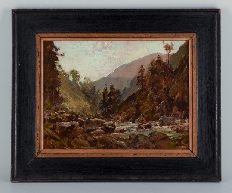 David Hewitt (1878-1939), a listed British artist.
“In the Pass of Aberglaslyn – facing south” (Wales)
Oil on board.
In excellent condition.
Dimensions: 38.0 x 28.5 / 54.5 x 44.5 cm. with frame.