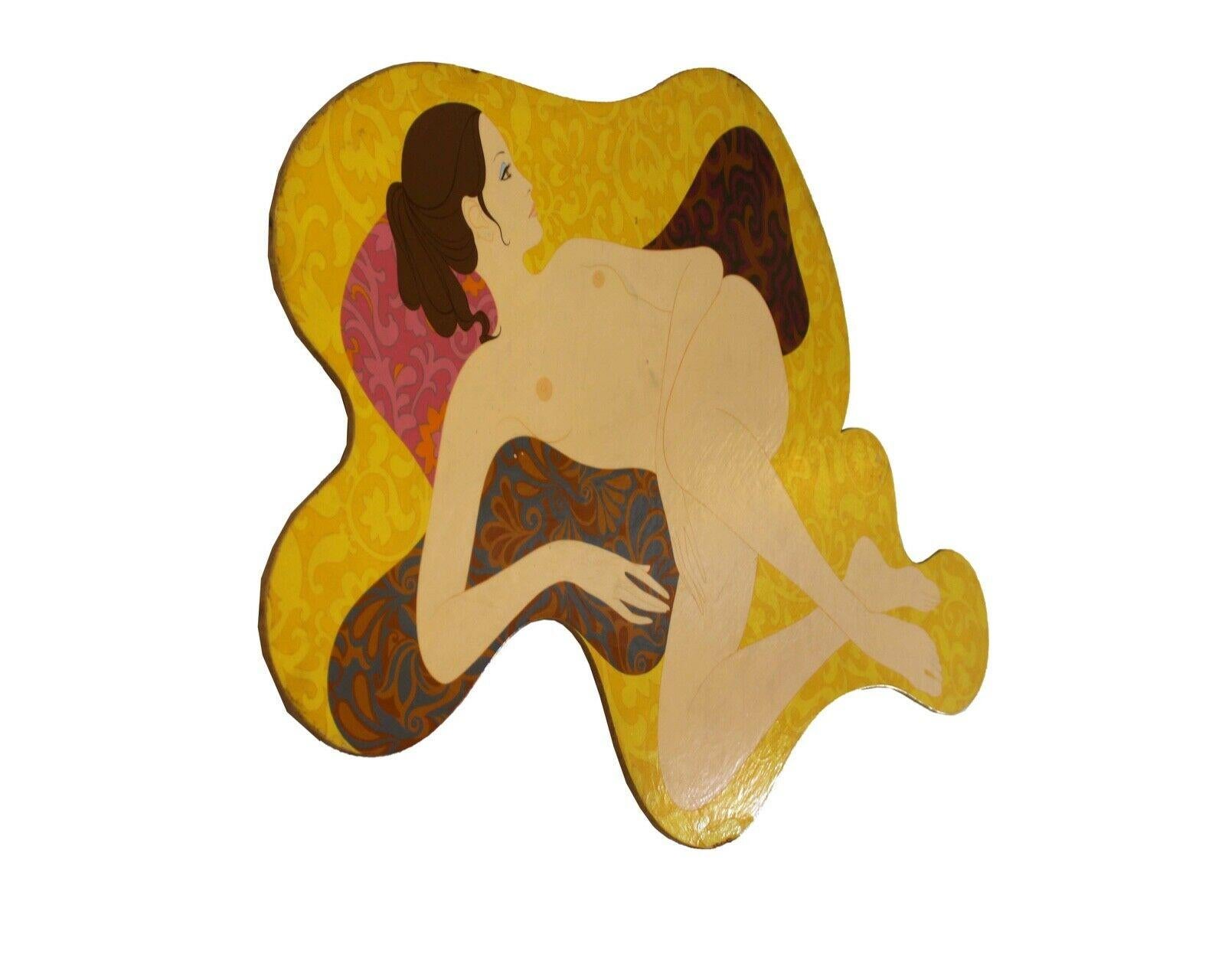 Le Shoppe Too in Michigan is offering this retro-chic acrylic painting on board depicting a female nude titled Cutout No. 3. Signed on the verso by David Hickman and dated 1972. This painting is created on an amorphous cut out board that follows the
