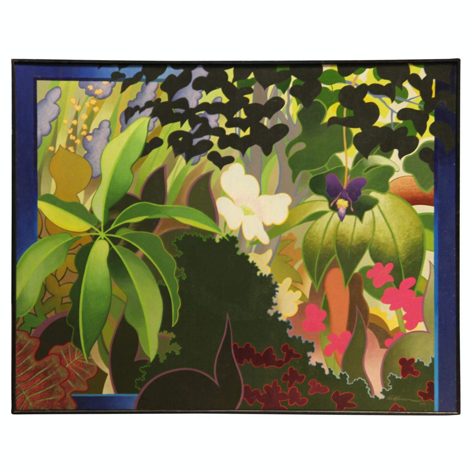 David Hickman Abstract Painting - Modern Idealized Tropical Floral Painting