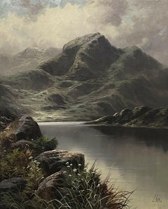Fine Antique Scottish Highland Loch & Mountains Landscape, Signed Oil Painting