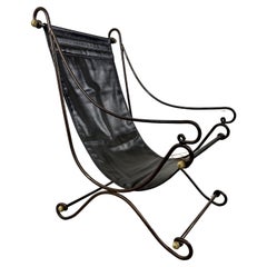 David Hicks Wrought Iron & Leather Sling Chair (fauteuil en fer forgé et cuir) 