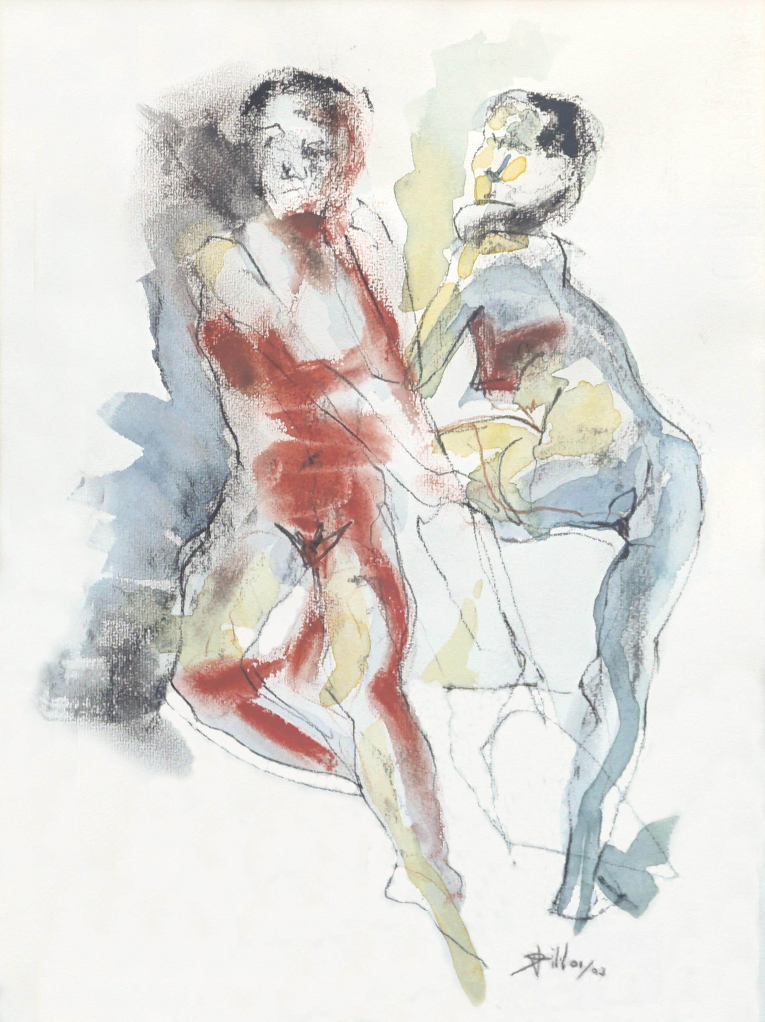 Two Nude Figures - Modernist Abstract Figure Study in Red & Blue  - Art by David Hill