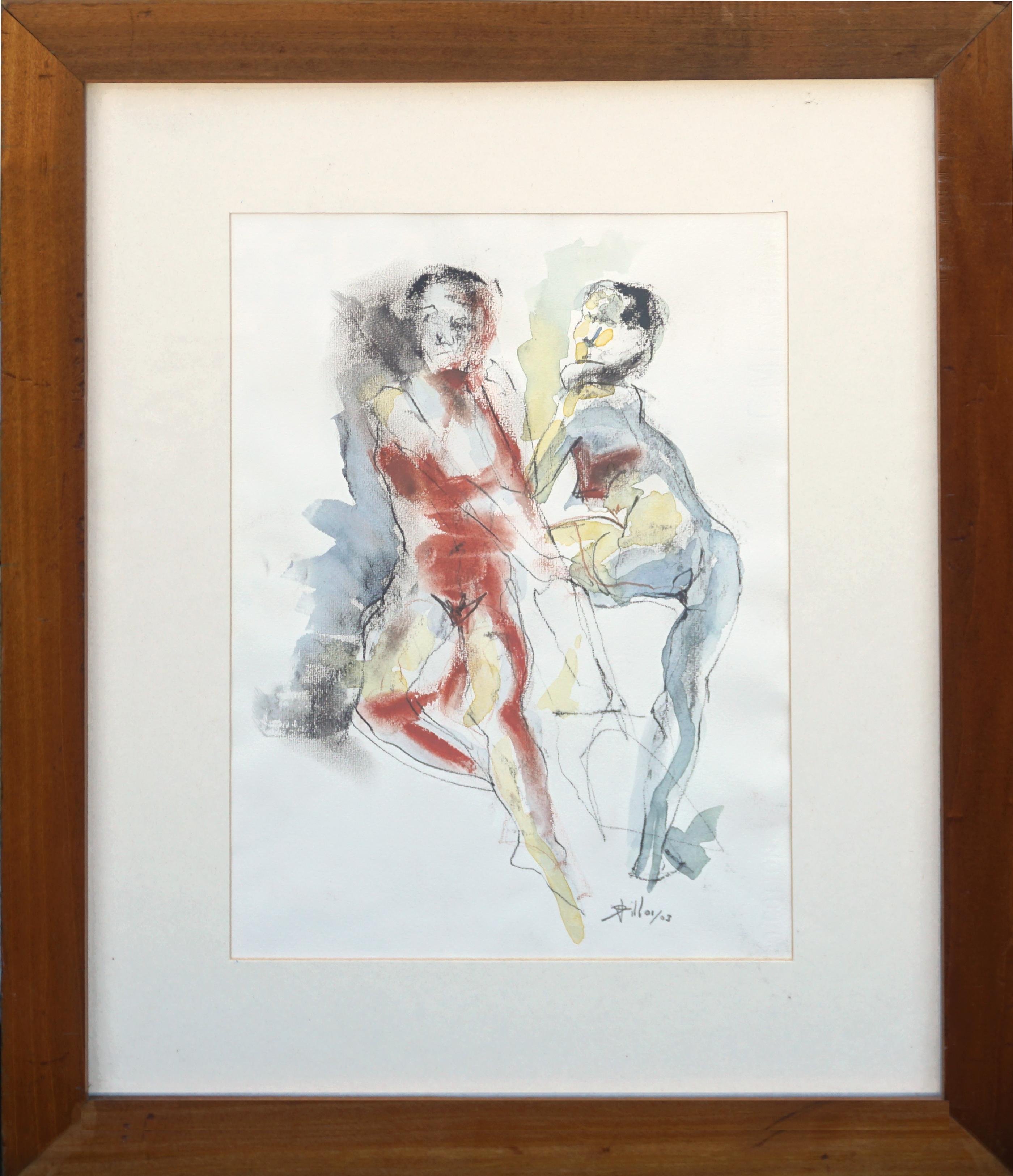 Nudefarbene Figuren - Modernistische abstrakte Figurenstudie in Rot und Blau 