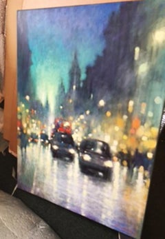 Cabs on Strand - contemporary impressionism rainy London cityscape taxi cars