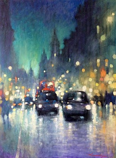 Cabs on Strand - contemporary impressionism rainy London cityscape taxi cars