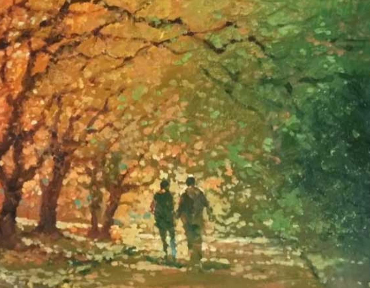 Golden Afternoon - Autumn Walks / Fall in Central Park: Oil Paint on Canvas - Painting by David Hinchcliffe