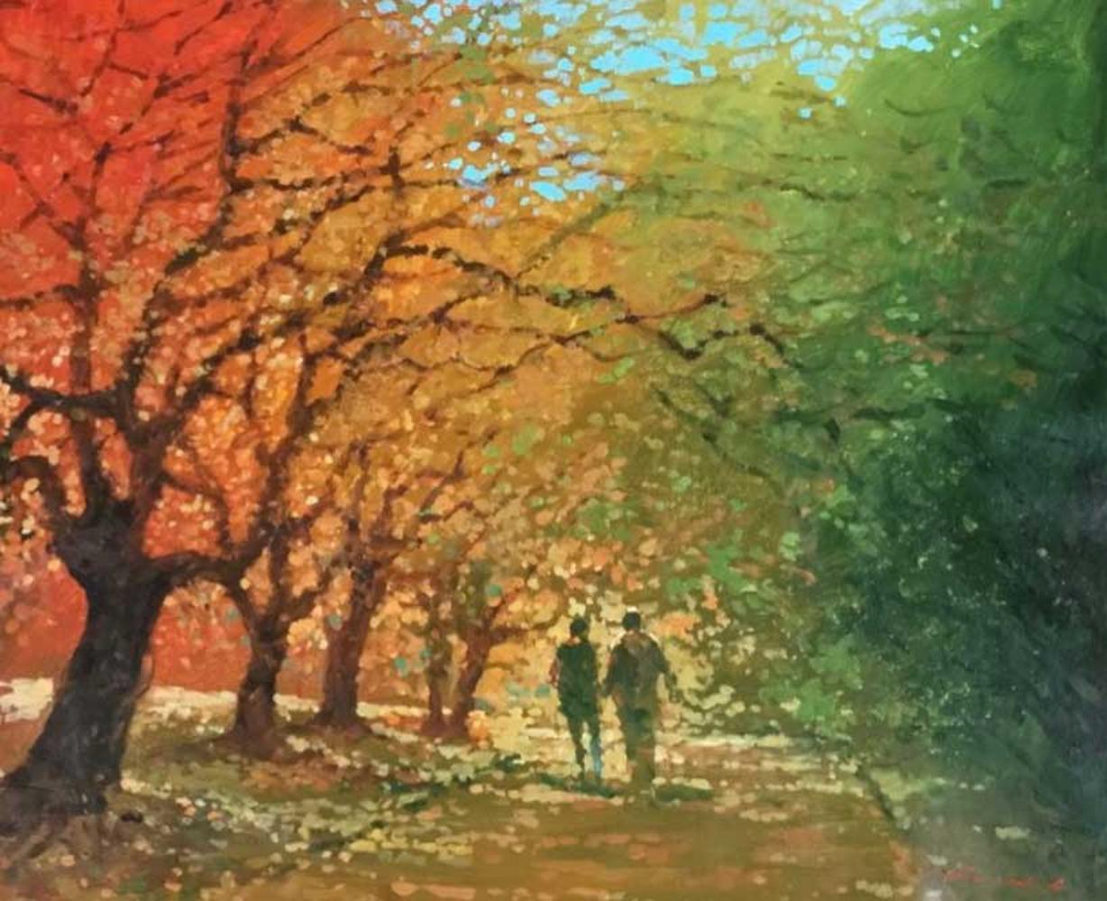 David Hinchcliffe Landscape Painting - Golden Afternoon - Autumn Walks / Fall in Central Park: Oil Paint on Canvas