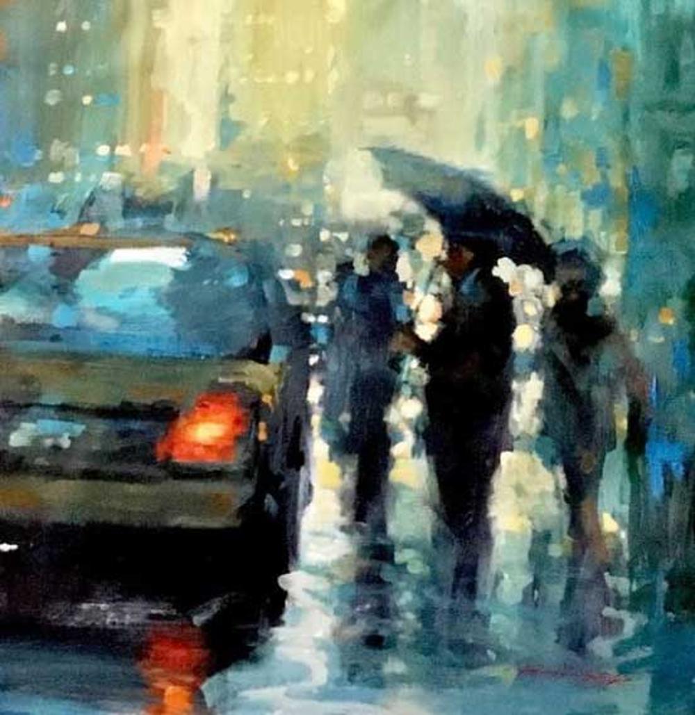 Pioggia battente - Strade bagnate della città: pittura a olio di New York in stile impressionista contemporaneo - Painting di David Hinchcliffe