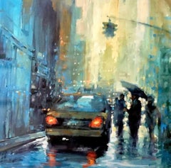 Vintage Heavy Rain - Wet City Streets: contemporary impressionism New York oil painting