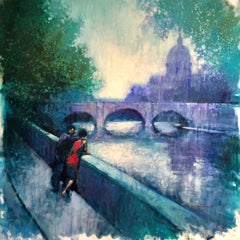 Across the Tiber (St Paul's, Rome) - Lovers in the City: Oil on Canvas
