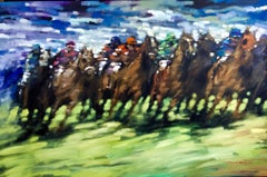 At the Turn Ascot - pintura al óleo impresionista contemporánea sobre el movimiento de las carreras de caballos