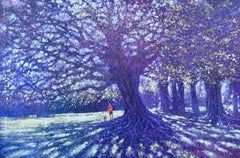 Backlight - contemporary impressionistic blue park tree oil painting canvas 