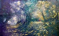 Catching up - contemporary impressionistic park forest trees oil painting canvas