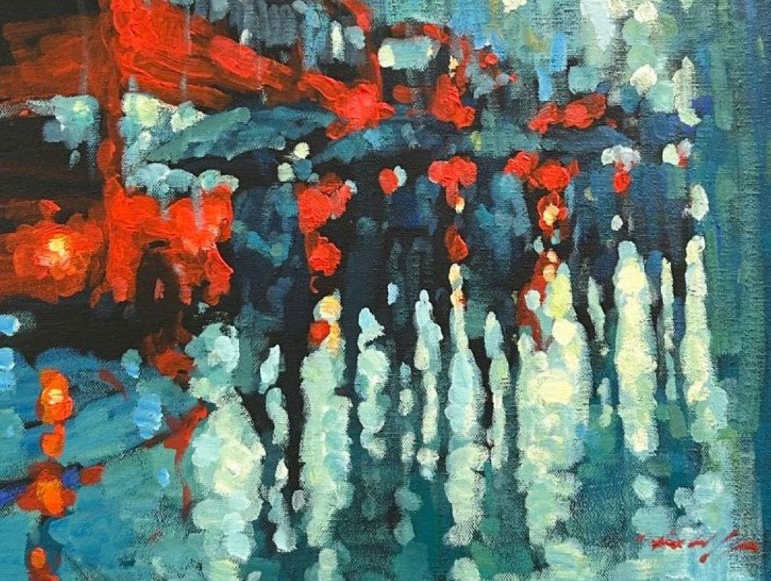 Viajeros - impresionismo contemporáneo Londres pintura al óleo - Painting de David Hinchliffe