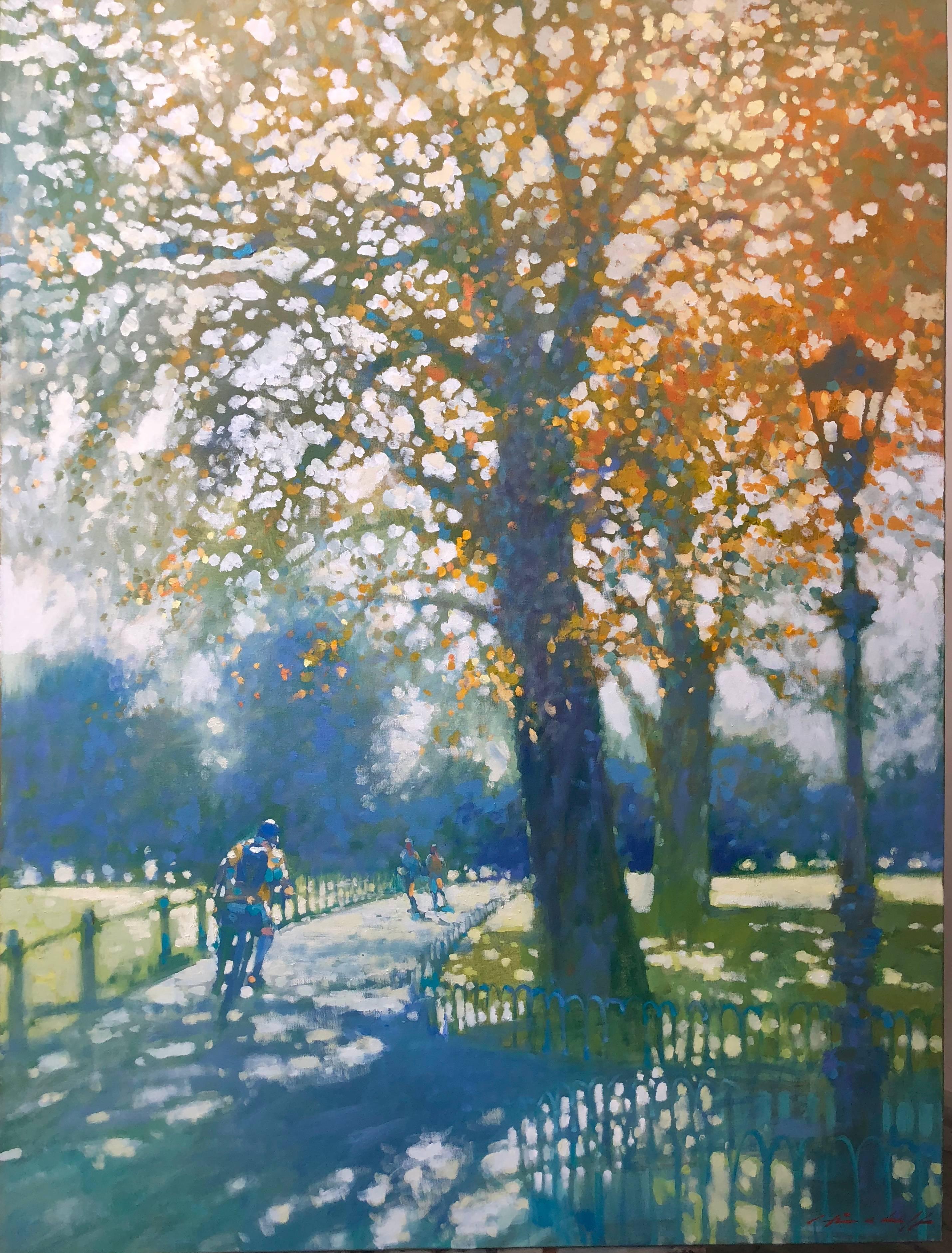 Landscape Painting di David Hinchliffe - Alta velocità in Hyde Park - olio impressionista con paesaggio urbano arancione e verde