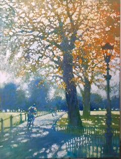 High Speed in Hyde Park - impressionist orange and green cityscape park oil