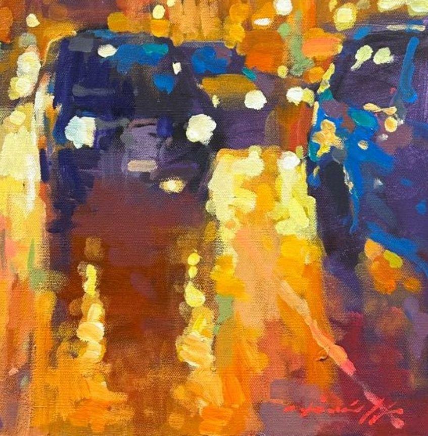 London Evening Traffic - contemporary impressionism London oil painting - Painting by David Hinchliffe