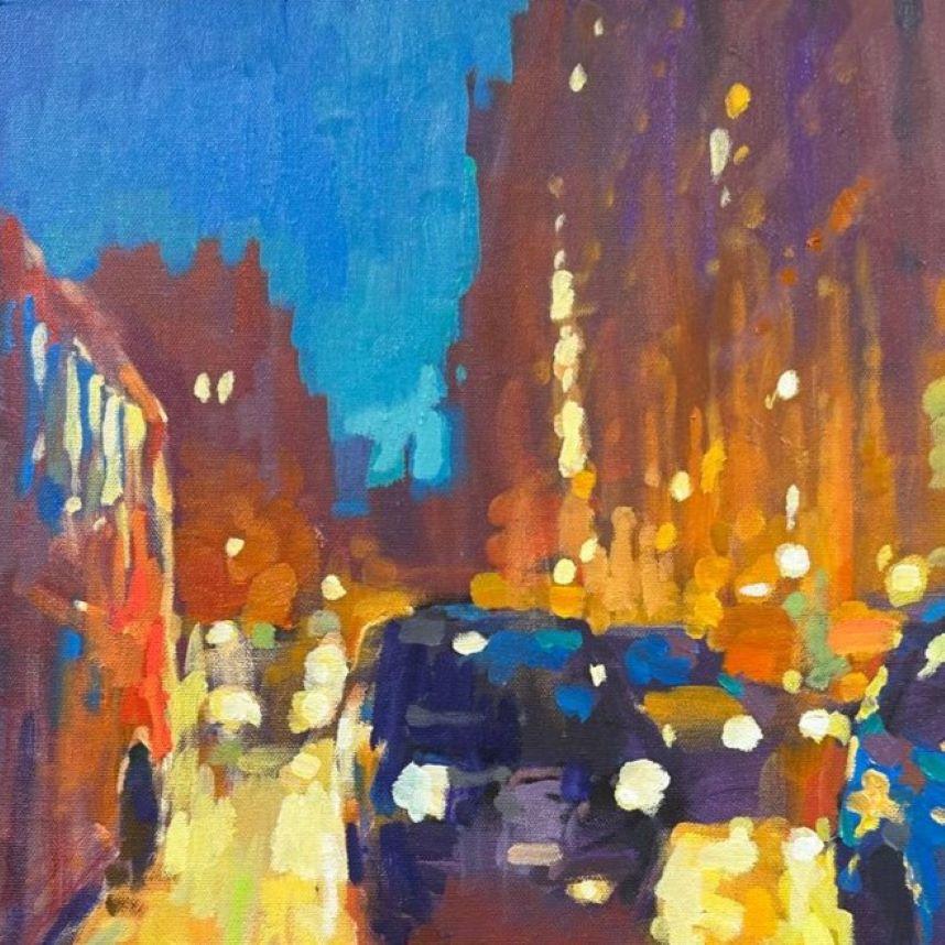 London Evening Traffic - contemporary impressionism London oil painting - Contemporary Painting by David Hinchliffe