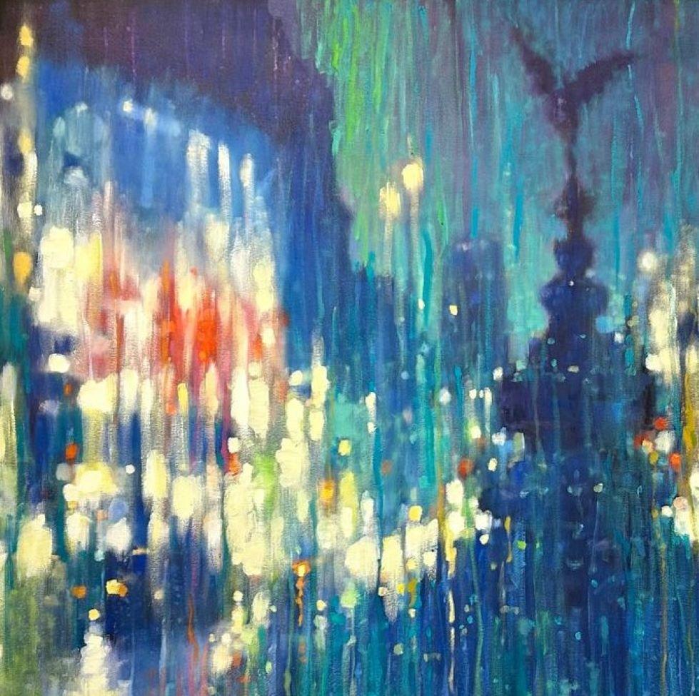 London Turquoise and Teal - contemporary impressionism London oil painting - Painting by David Hinchliffe