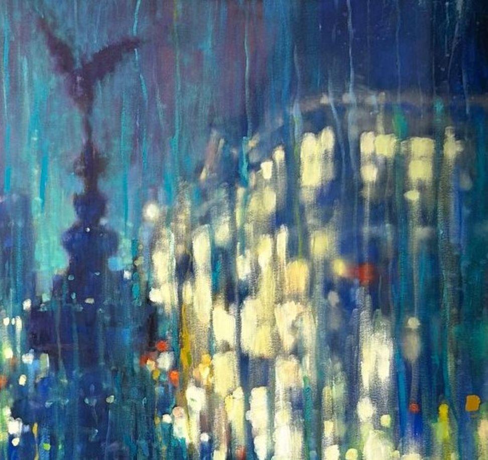 London Turquoise and Teal - contemporary impressionism London oil painting - Contemporary Painting by David Hinchliffe