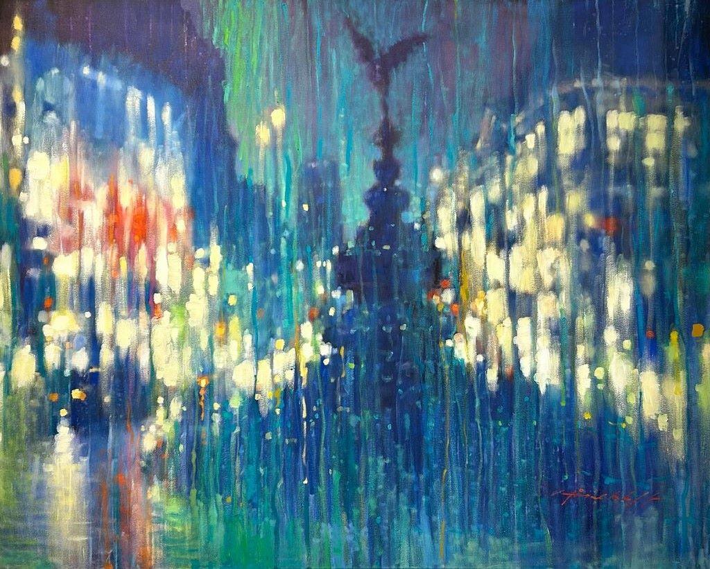 David Hinchliffe Figurative Painting - London Turquoise and Teal - contemporary impressionism London oil painting
