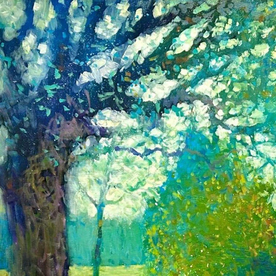Mirando el lago en Hampstead - impresionismo contemporáneo pintura londinense - Painting de David Hinchliffe