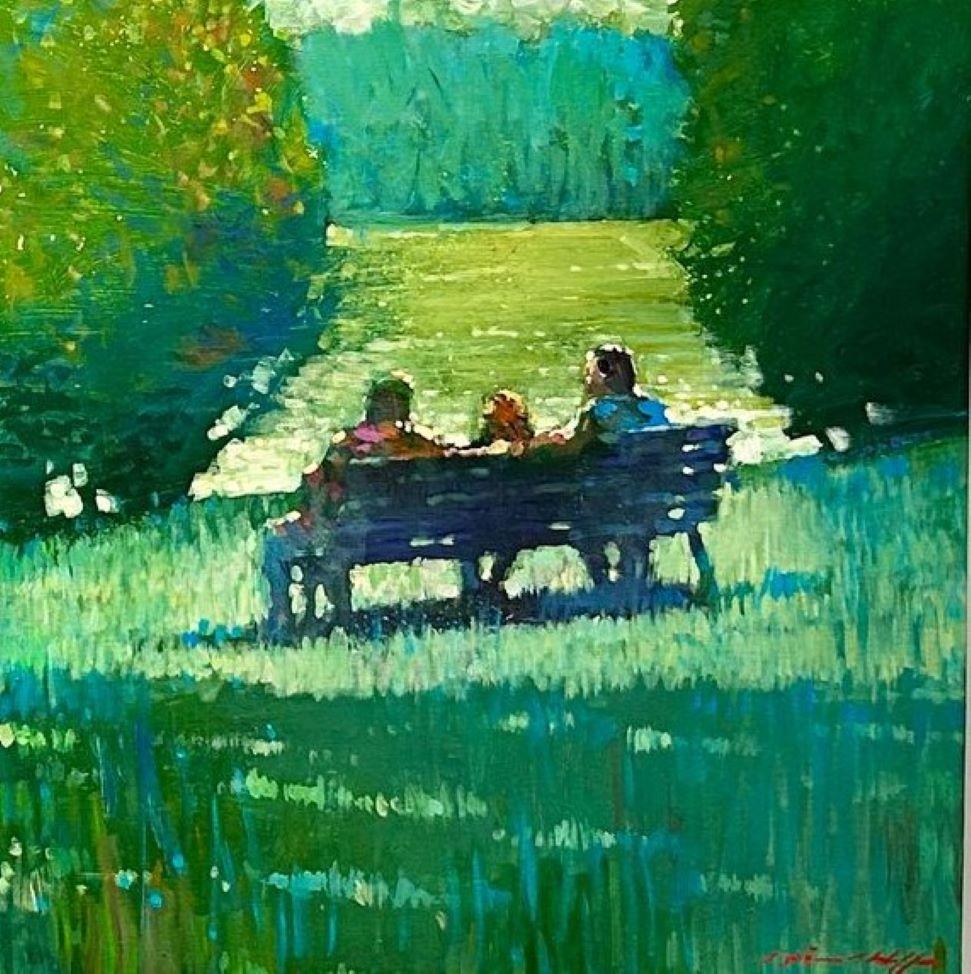 Mirando el lago en Hampstead - impresionismo contemporáneo pintura londinense - Painting Contemporáneo de David Hinchliffe