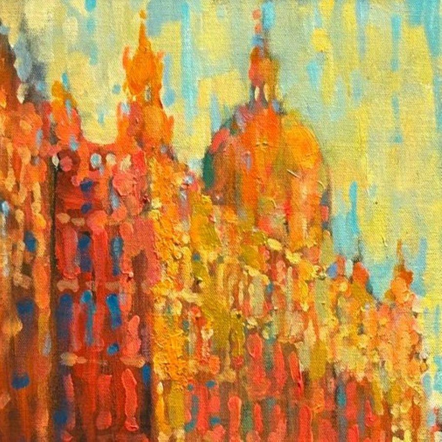 Morning Glow, Knightsbridge - contemporary impressionism London oil painting - Painting by David Hinchliffe