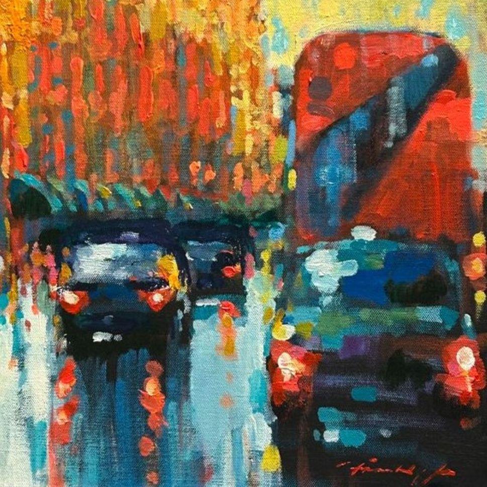 Morning Glow, Knightsbridge - contemporary impressionism London oil painting - Contemporary Painting by David Hinchliffe