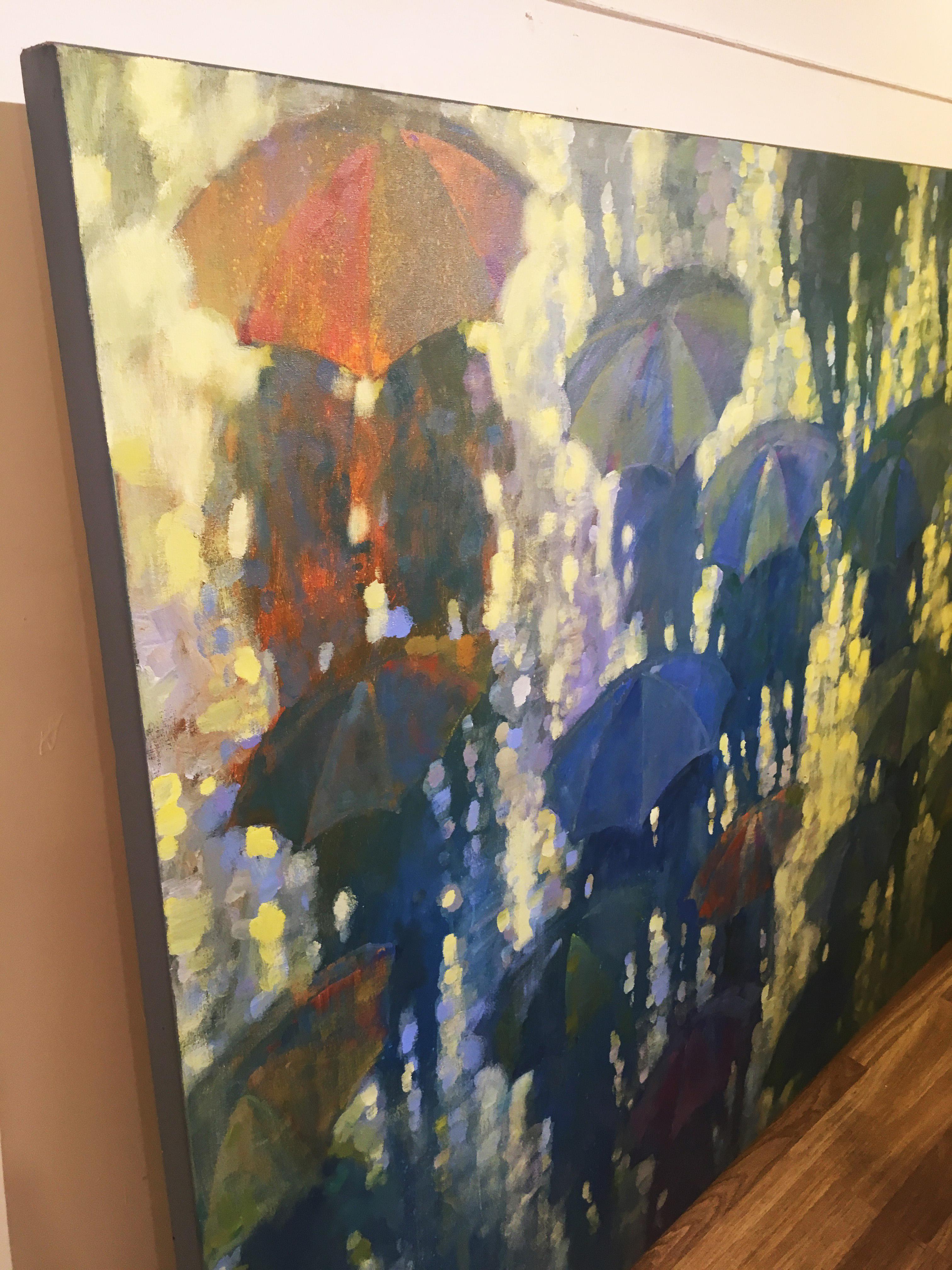 Off to Ascot - paisaje urbano impresionista amarillo y azul de Londres óleo sobre lienzo - Painting de David Hinchliffe