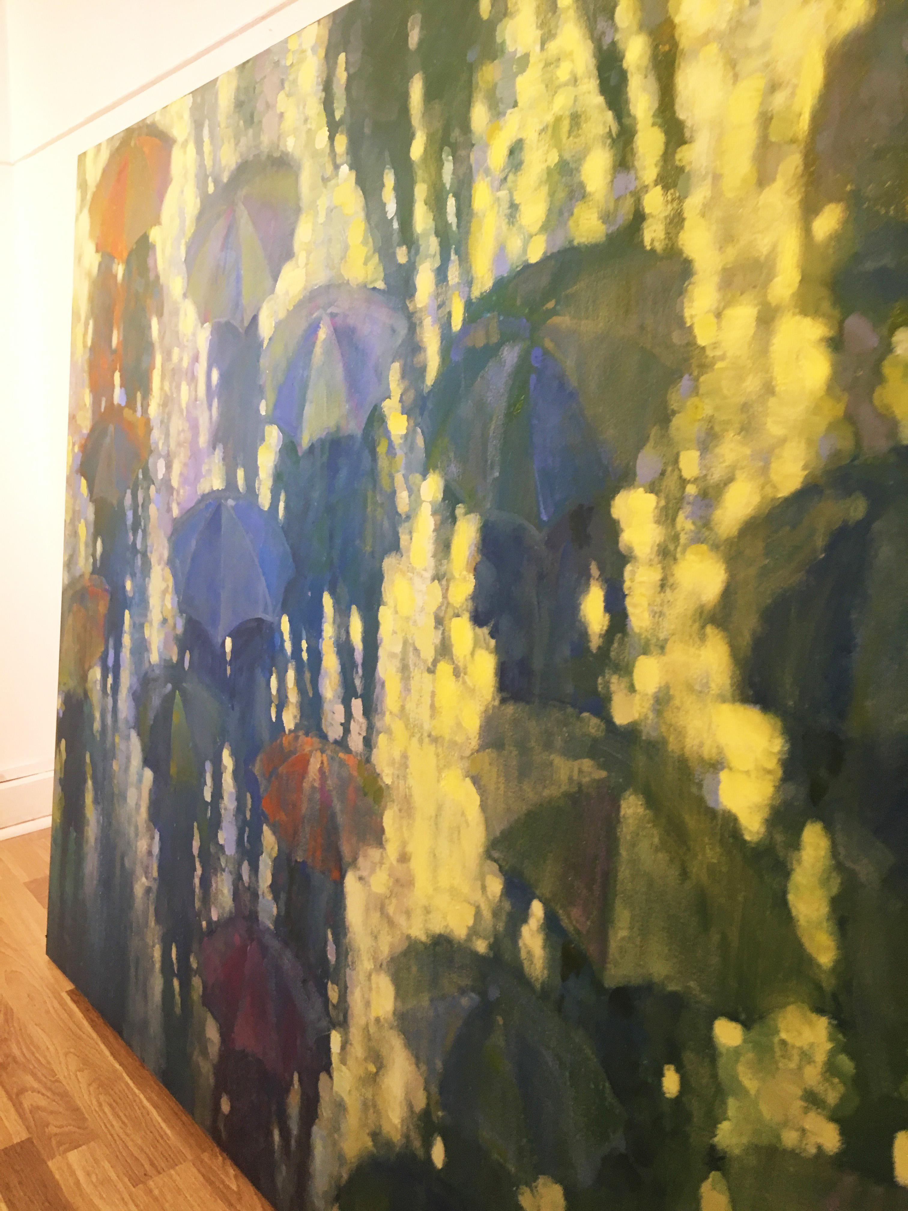 Off to Ascot - paisaje urbano impresionista amarillo y azul de Londres óleo sobre lienzo - Painting Contemporáneo de David Hinchliffe