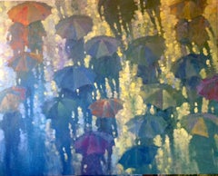 Off to Ascot - paisaje urbano impresionista amarillo y azul de Londres óleo sobre lienzo
