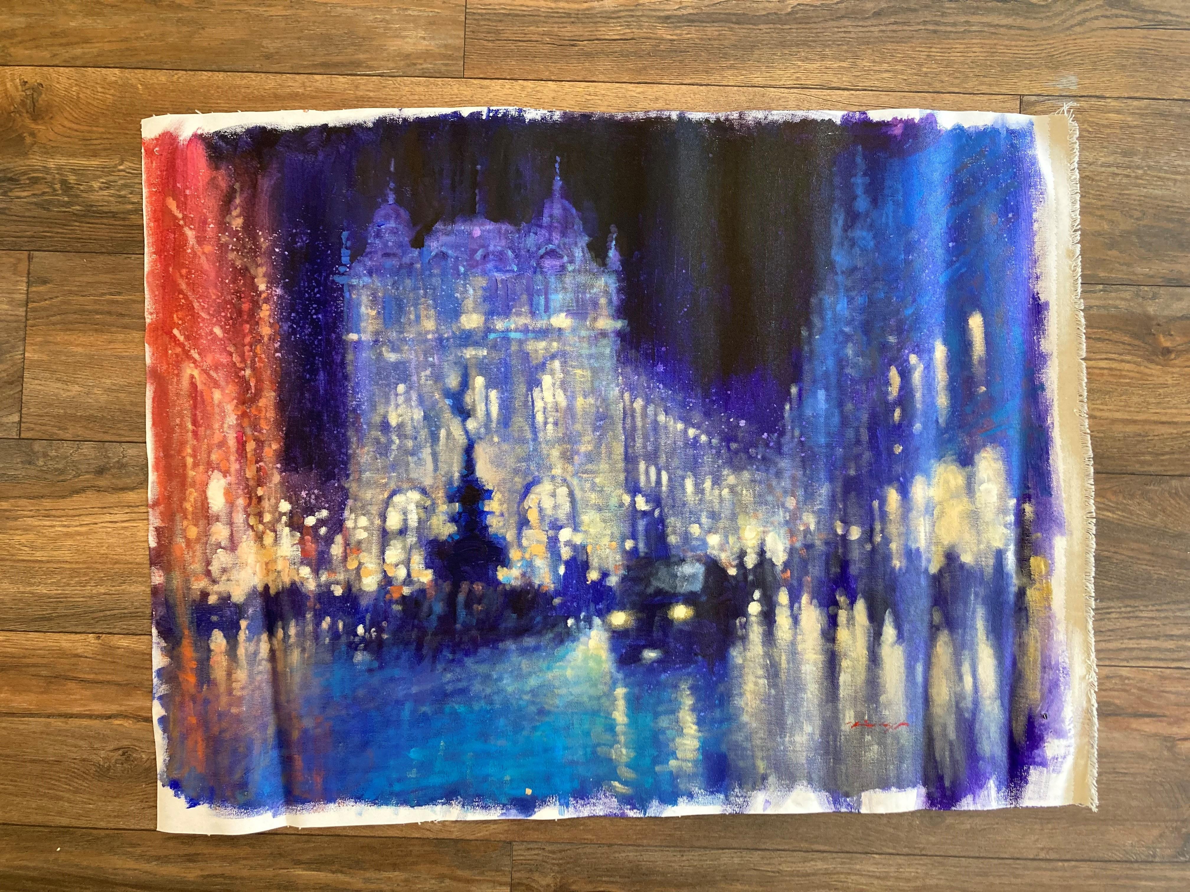 Noche en Piccadilly - impresionismo contemporáneo paisaje urbano de Londres reflejos nocturnos - Painting de David Hinchliffe