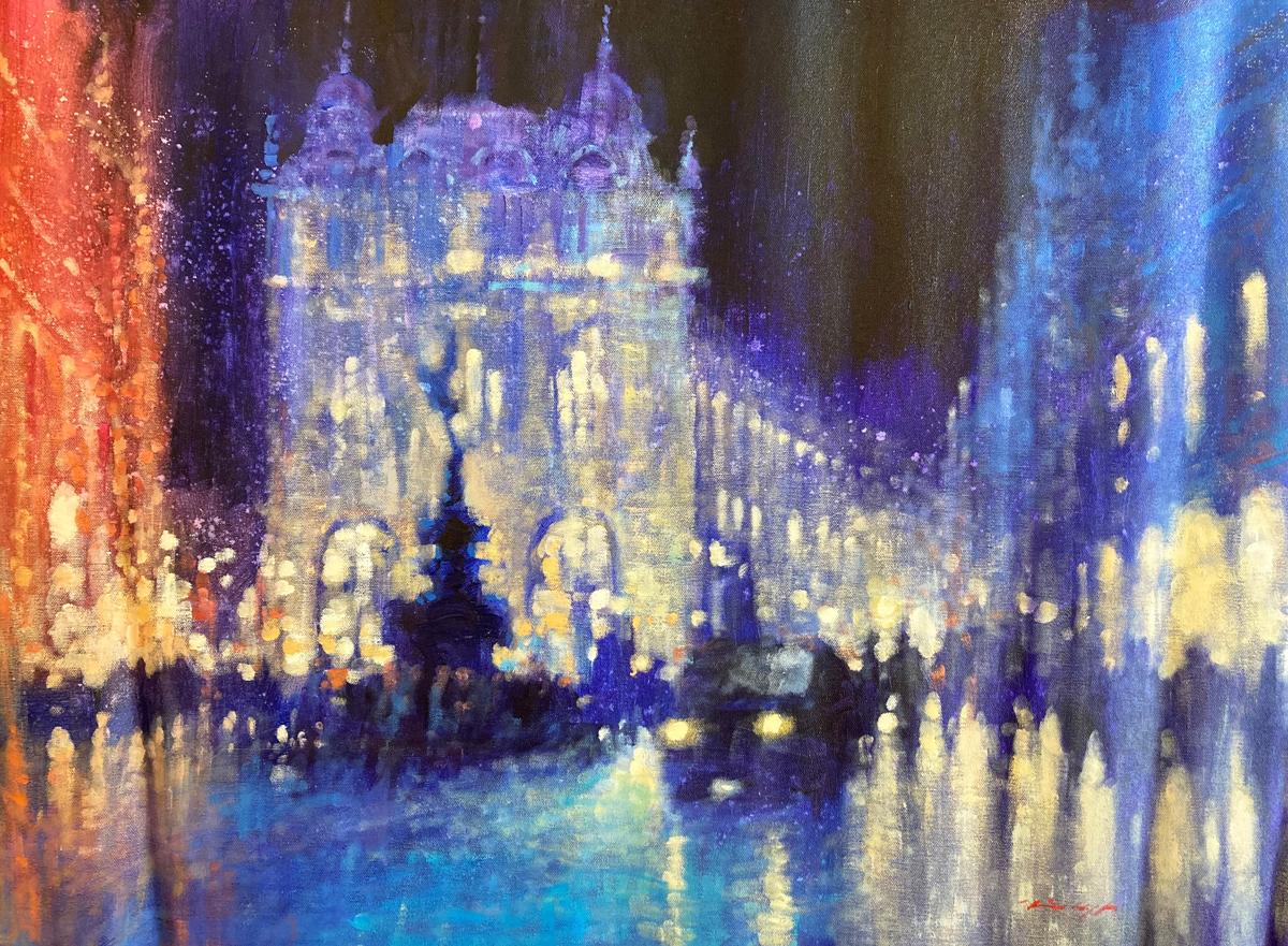 Piccadilly Night - contemporary impressionism London cityscape night reflections