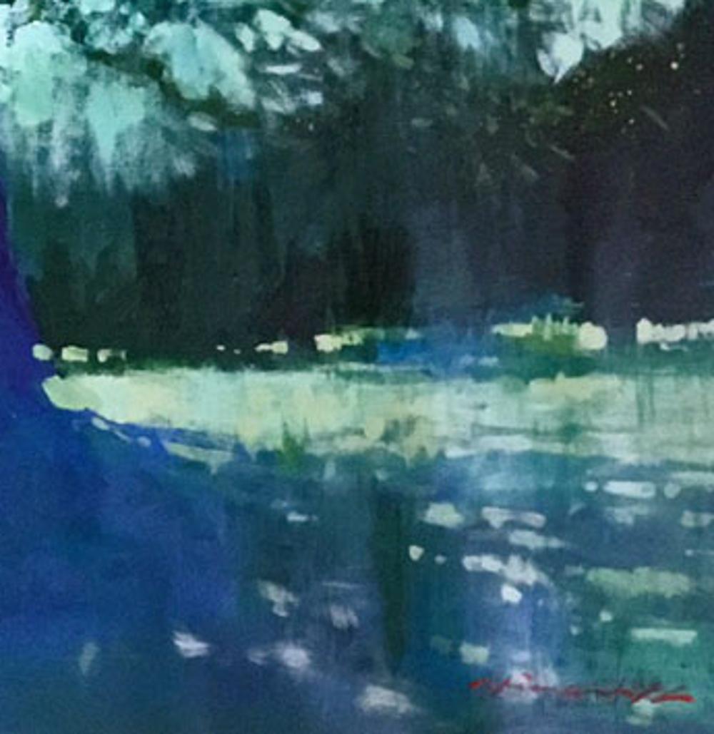 Regent's Park - Peinture à l'huile sur toile contemporaine anglaise d'été - Bleu Landscape Painting par David Hinchliffe