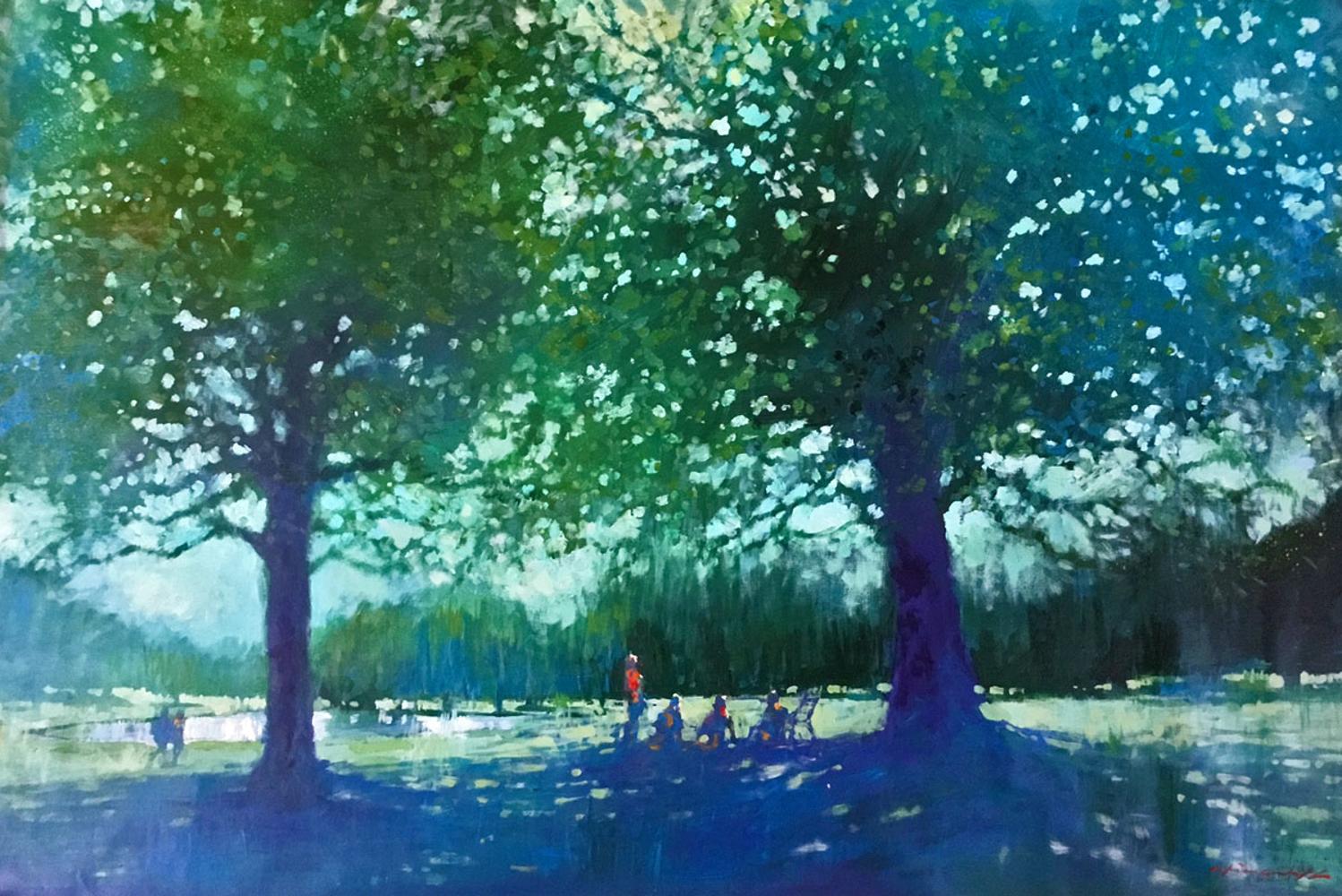 Landscape Painting David Hinchliffe - Regent's Park - Peinture à l'huile sur toile contemporaine anglaise d'été