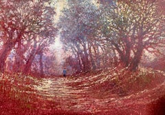 Solitude - contemporary impressionistic forest park tree red oil painting canvas