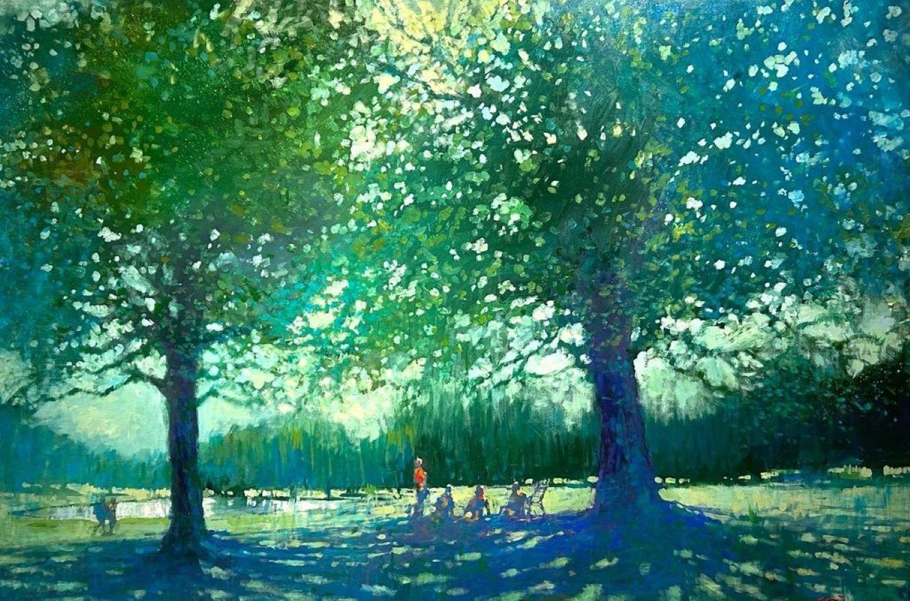 Figurative Painting di David Hinchliffe - Mattina di primavera a Regents Park - quadro ad olio di Londra in stile impressionista contemporaneo