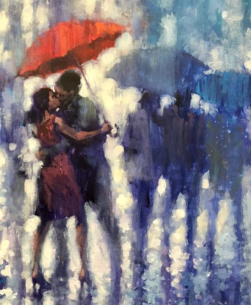 The Kiss - Lovers in the Rain: Oil on Canvas - Painting by David Hinchliffe