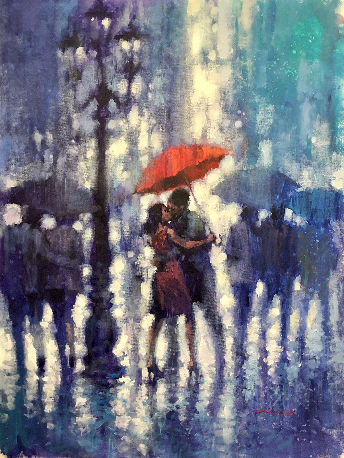 David Hinchliffe Portrait Painting - The Kiss - Lovers in the Rain: Oil on Canvas