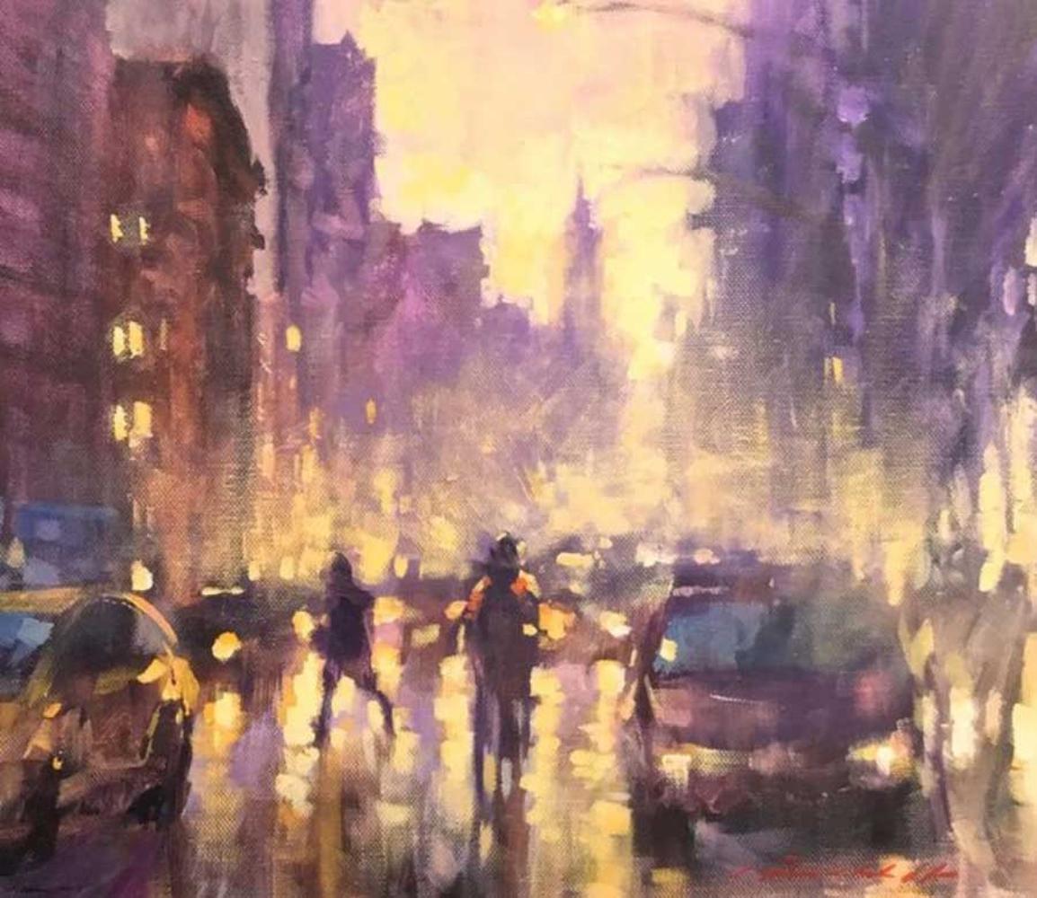 The Light are on in the Singer Building - Broadway, New York: Oil on Canvas - Painting by David Hinchliffe