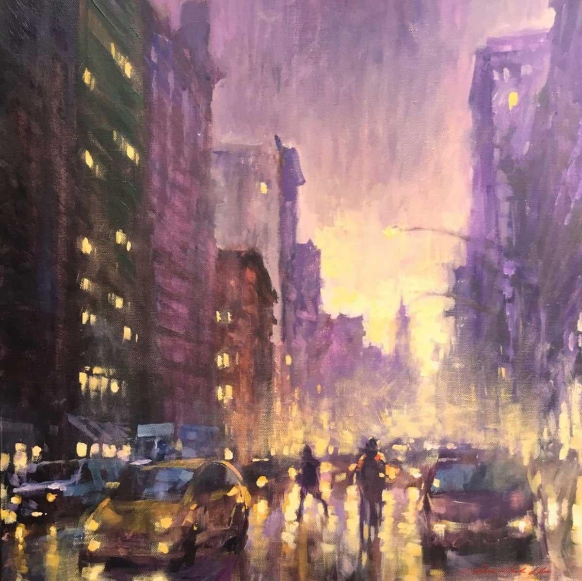 David Hinchliffe Landscape Painting - The Light are on in the Singer Building - Broadway, New York: Oil on Canvas