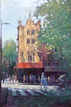 The Rising Sun – impressionistische Stadtlandschaft, Baumarchitektur, Öl auf Leinwand