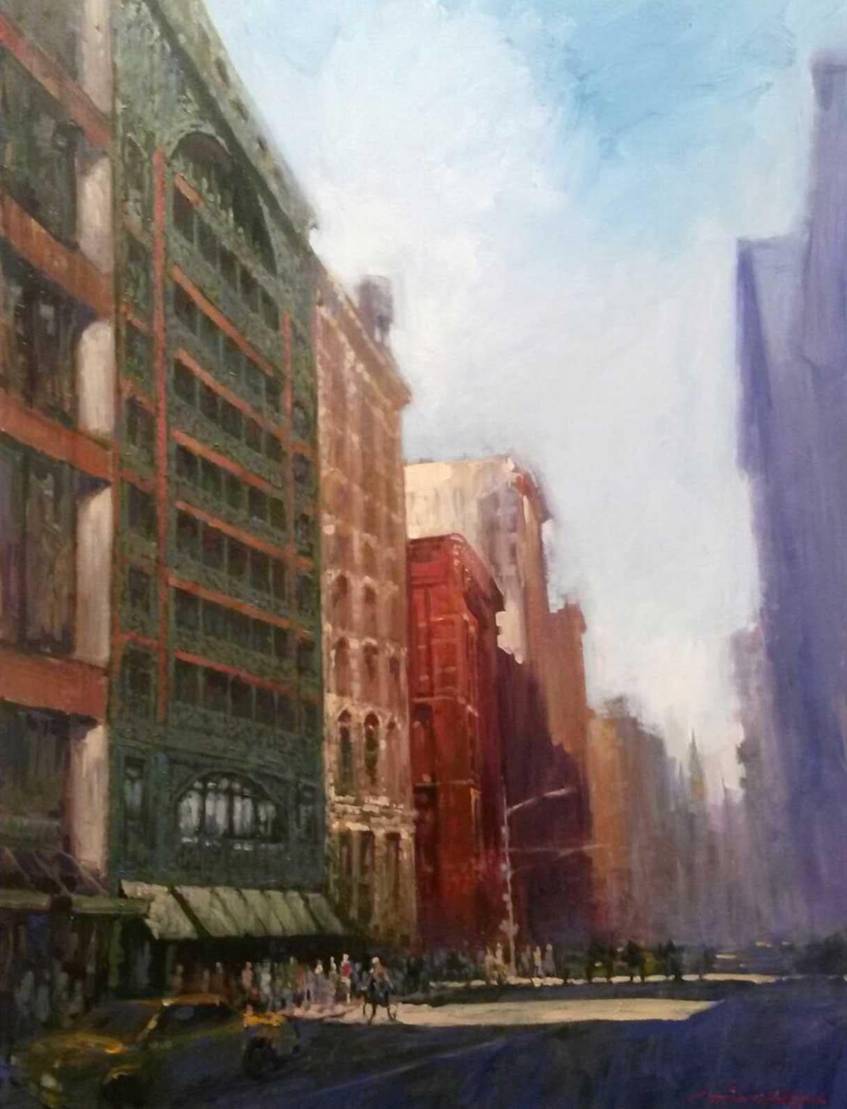 David Hinchliffe Landscape Painting - The Singer Building, Broadway - Scenes of New York: Oil Painting on Canvas