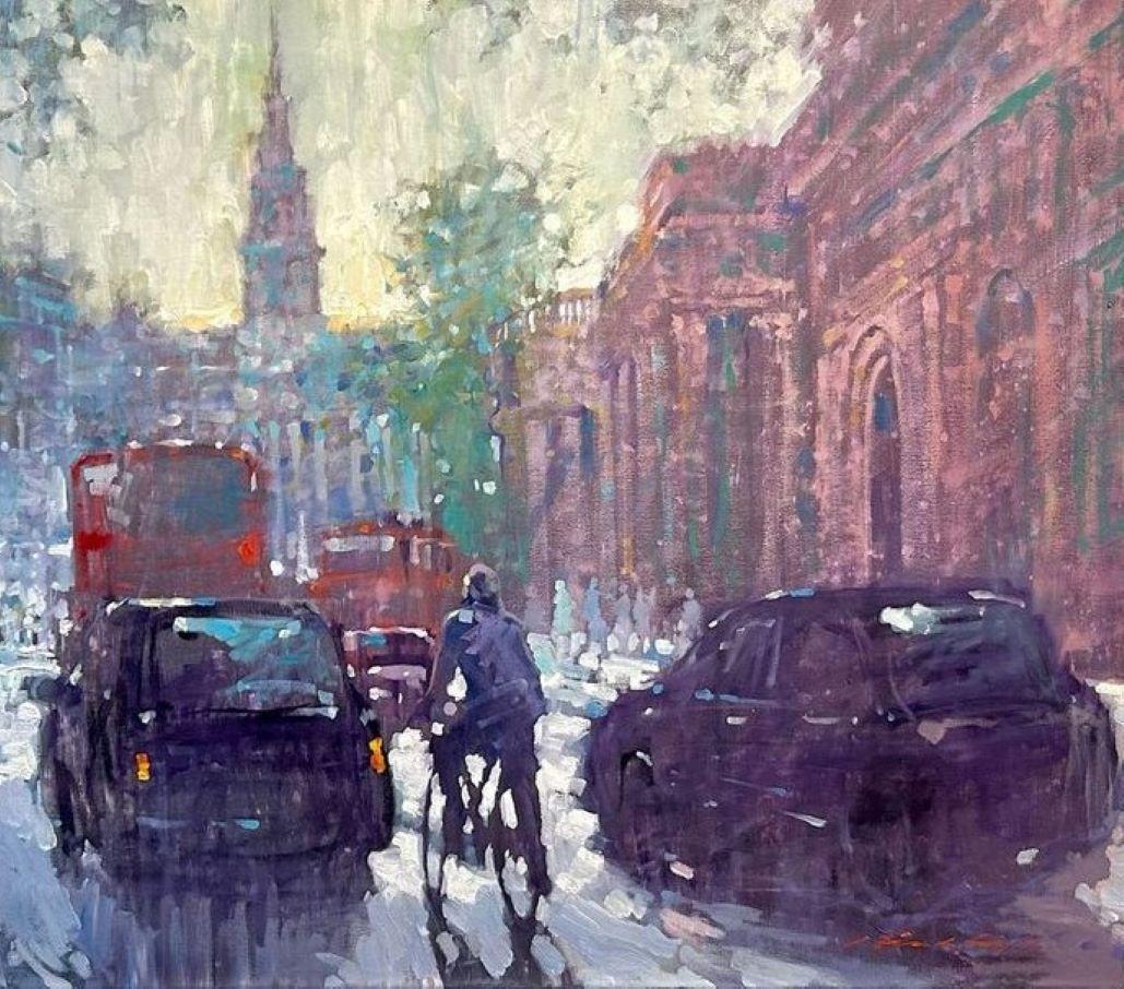 Tráfico en Charing Cross Road - impresionismo contemporáneo Londres pintura al óleo - Painting de David Hinchliffe